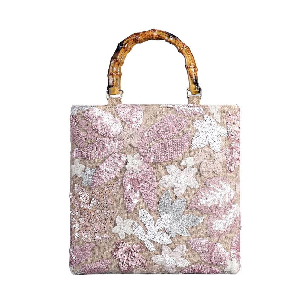 7158 Floral Embroidery Sequin Evening Bag with Bamboo Top-handle